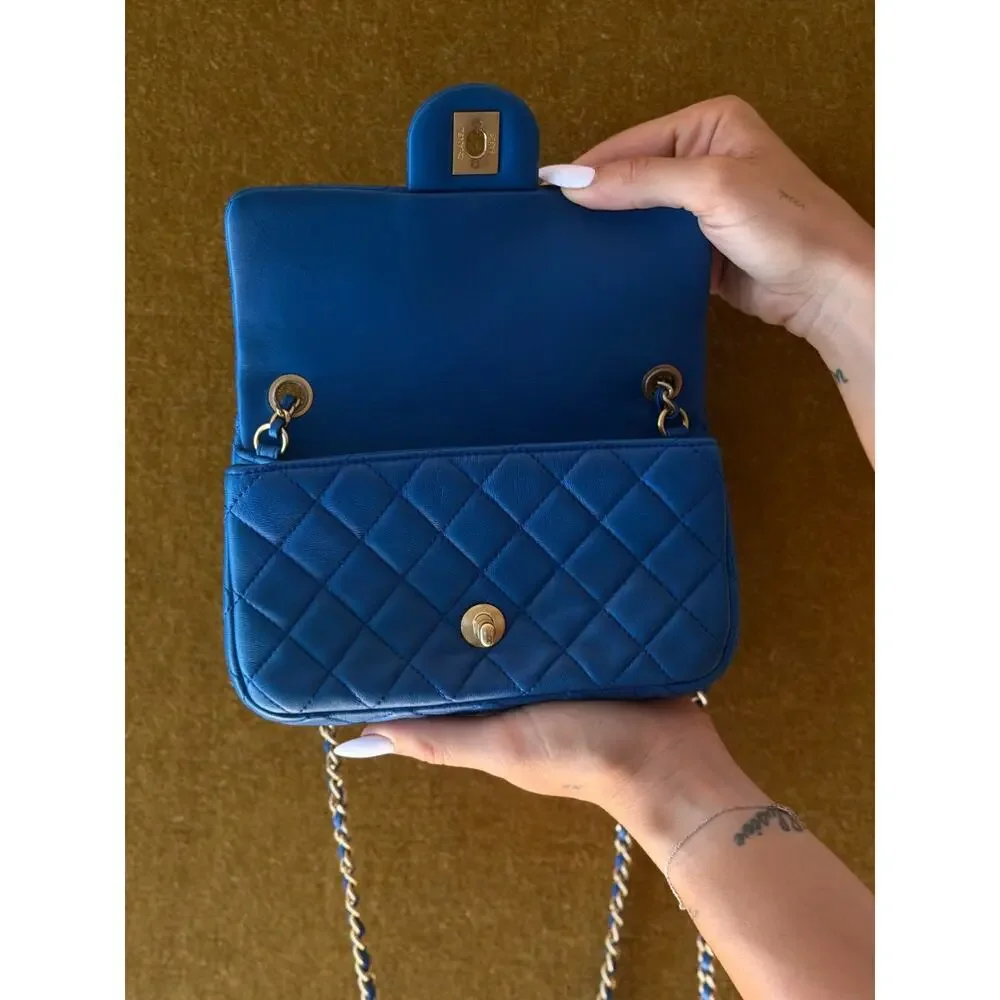 Chanel 22B Blue Lambskin Mini Square Pearl Crush Flap Bag Full Set-microchip